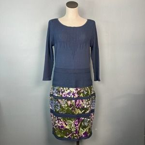 WHITE House Black Market Long Sleeve Block Print Sweater Dress Large True Indigo